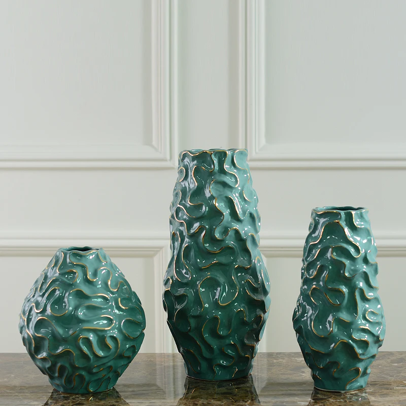 Позолоченный Синий Керамика ваза Современный Гостиная стол Цветочная композиция творческий свадебные украшения