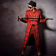 Мужские шотландские клетчатые длинные блейзеры, костюмы, 2 комплекта(куртка+ брюки), мужское модное пальто для шоу, для ночного клуба, DJ, певица, костюмы для выступлений