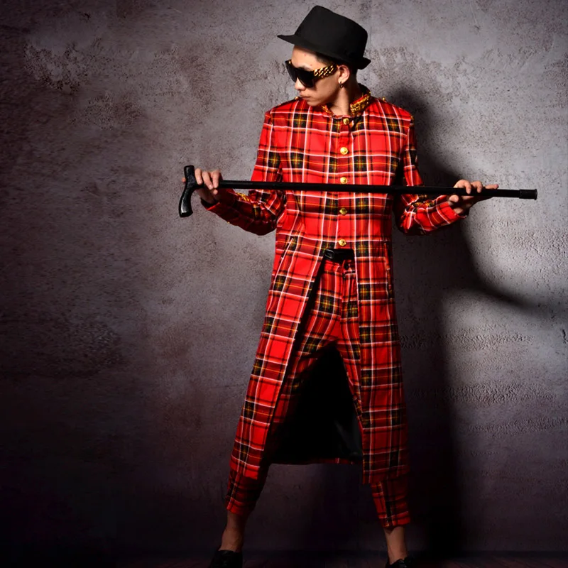 

Men Scottish Plaid Long Blazers Suits 2 Sets (jacket+pant) Male Fashion Show Coat Nightclub DJ Singer Performance Costumes