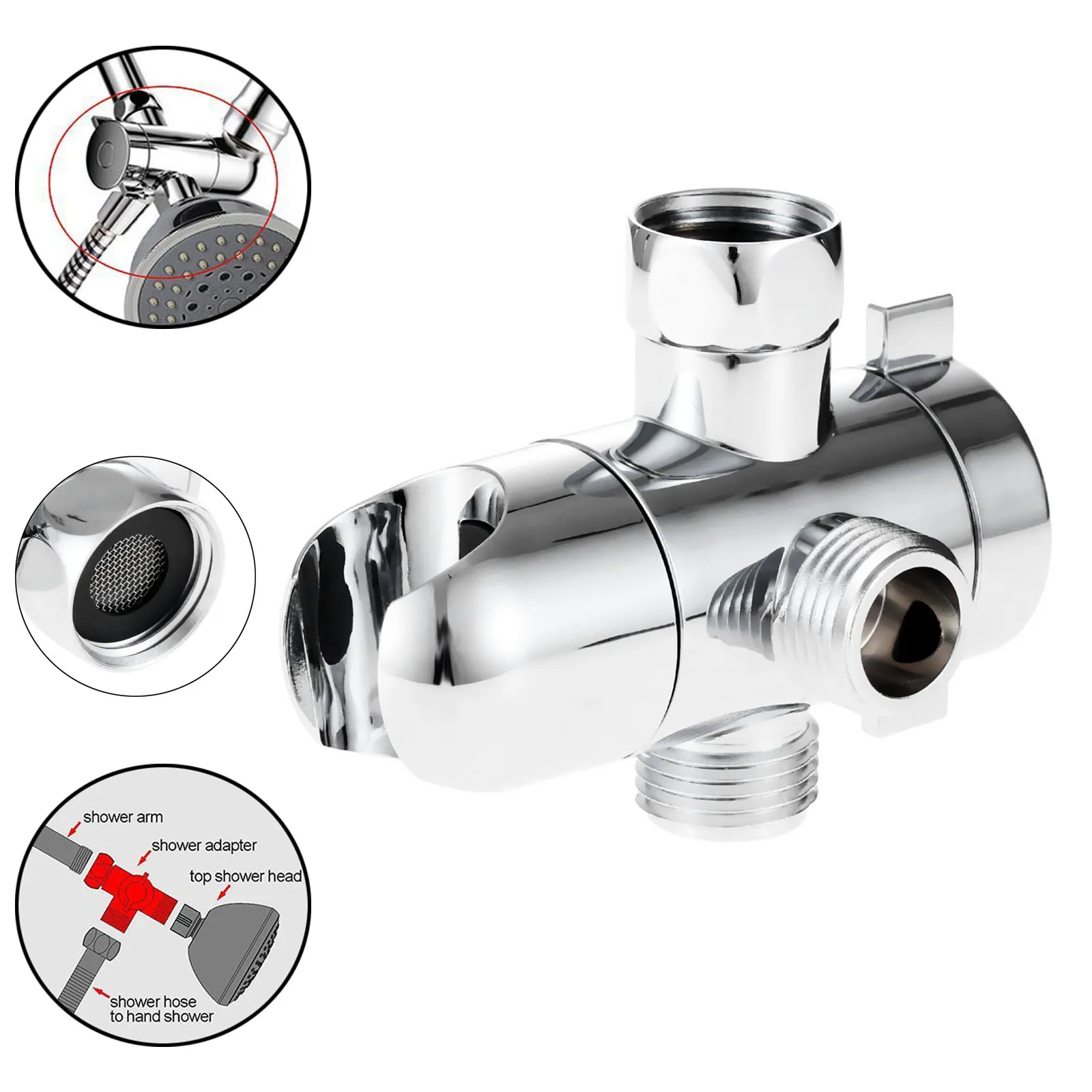 3 Way Shower Head Holder Water Saving Diverter Silver Polished Chrome Wall Mounted Shower Valve Fix Bracket
