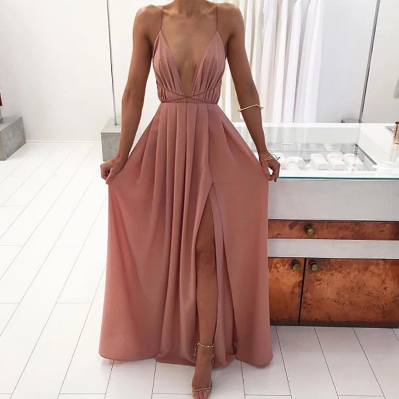 

Sexy Deep V Floral Chiffon Maxi Dress Bohemian Front Split Sleeveless Backless Women Vestidos Robe Long Summer Beach Sundress
