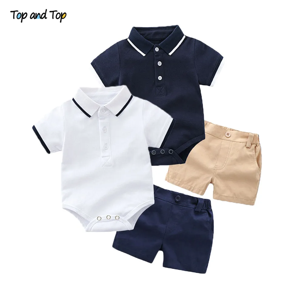 Top e top-Conjunto de roupas formais para meninos recém-nascidos, terno cavalheiro bebê, top e shorts de algodão, conjuntos de roupas infantis, moda verão