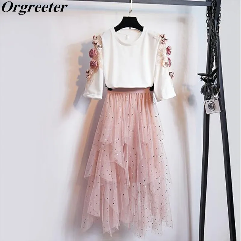 

2019 New Summer Women 3D Flower Embroidery Beaded Lantern Sleeve Short Tops+ Star Sequined Irregular Mesh Long Skirt 2 Piece Set