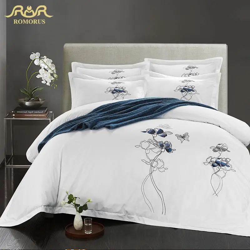 ROMORUS Brief Plant Cotton Satin Fabric Luxury Quilt Covers White Hotel Bed Linen King Queen Size Household Bedding Sets Sale