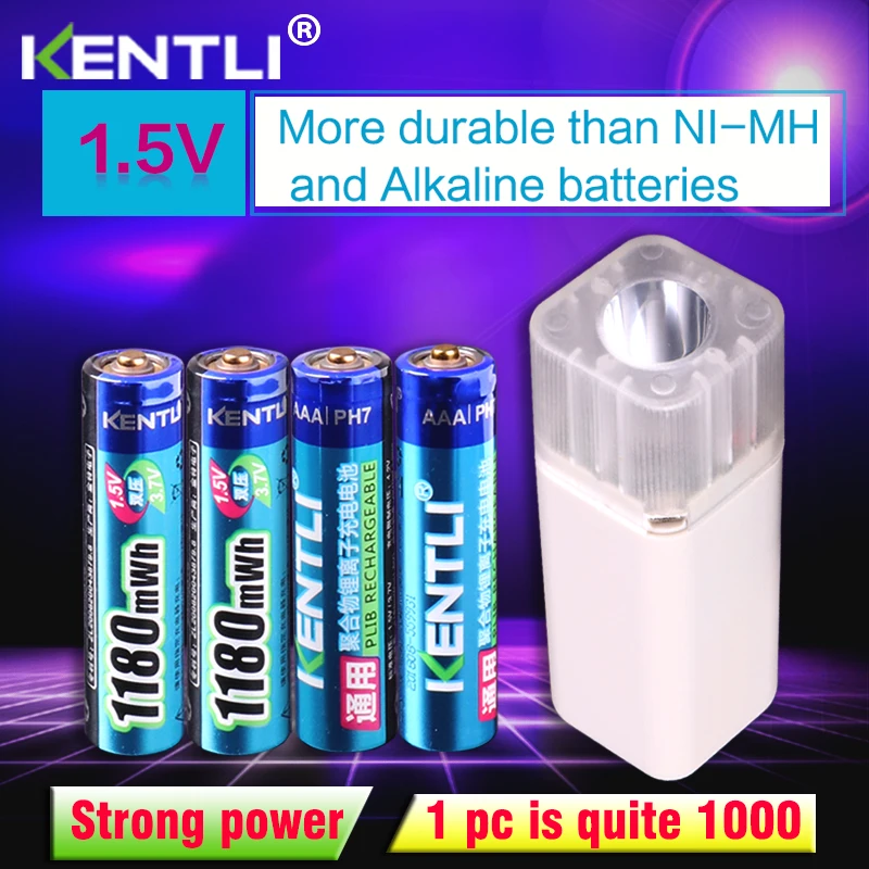 Kopen KENTLI 4 stuks 1.5 v 1180mWh AAA oplaadbare lithium polymeer batterij + 4 slots aa aaa lithium batterij lader met zaklamp