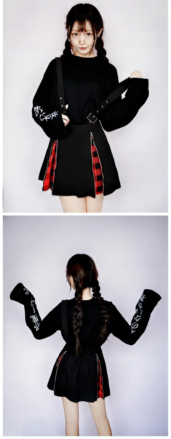 Женский джемпер с высокой талией на молнии, юбки, японский черный винтажный, готический, в стиле панк, Лолита, жесткая красная клетчатая Женская юбка трапециевидной формы