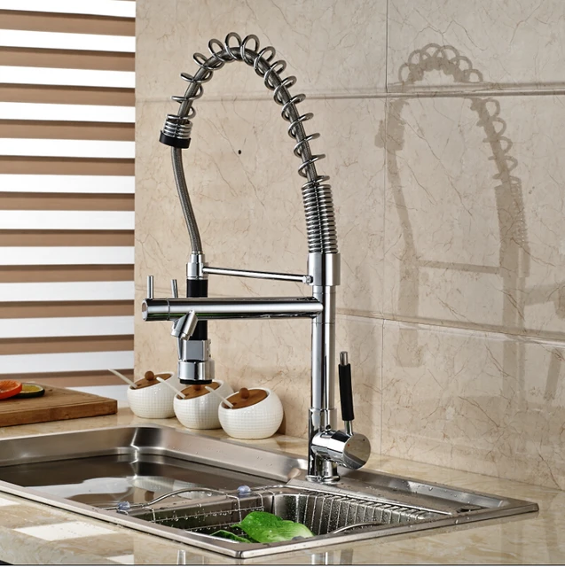 Special Price Luxury Spring Tall Pull Down Kitchen Faucet Tap Deck Mount Dual Spout Kitchen Mixer Tap Chrome Finish