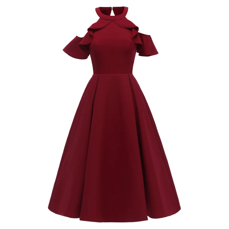 

Halter Dress Summer Women Ruffles Backless Dresses Female Elegant Vintage Solid Color Dress for Party