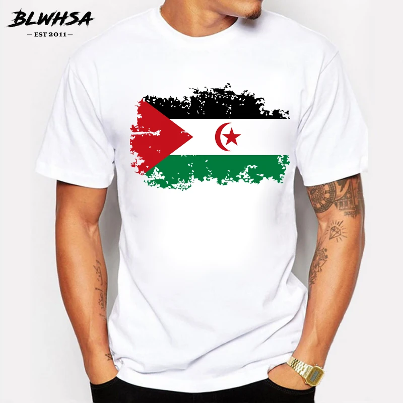 

BLWHSA New Western Sahara Flag T shirt Men Casual Short Sleeve T-shirts Funny Western Sahara National Flag Summer Men Tshirt
