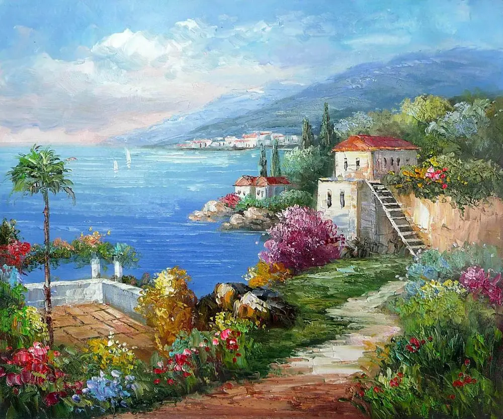 

Beautiful Mediterranean Sea Painting for Hotel Wall Decoration Art Oil Painting Canvas A Palm Tree Grows No Framed High Quality