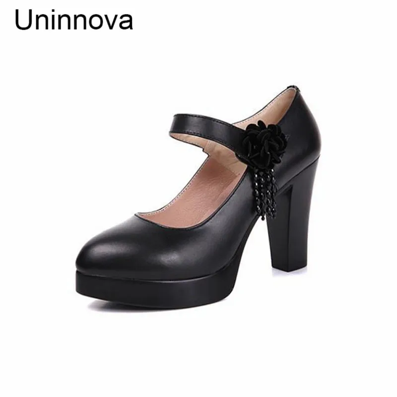 

Uninnova Women's Classic Genuine Leather Black Shoes Mary Janes Pointed Toe Super High Heel Platform Crystal Shoes 32-43 WP097