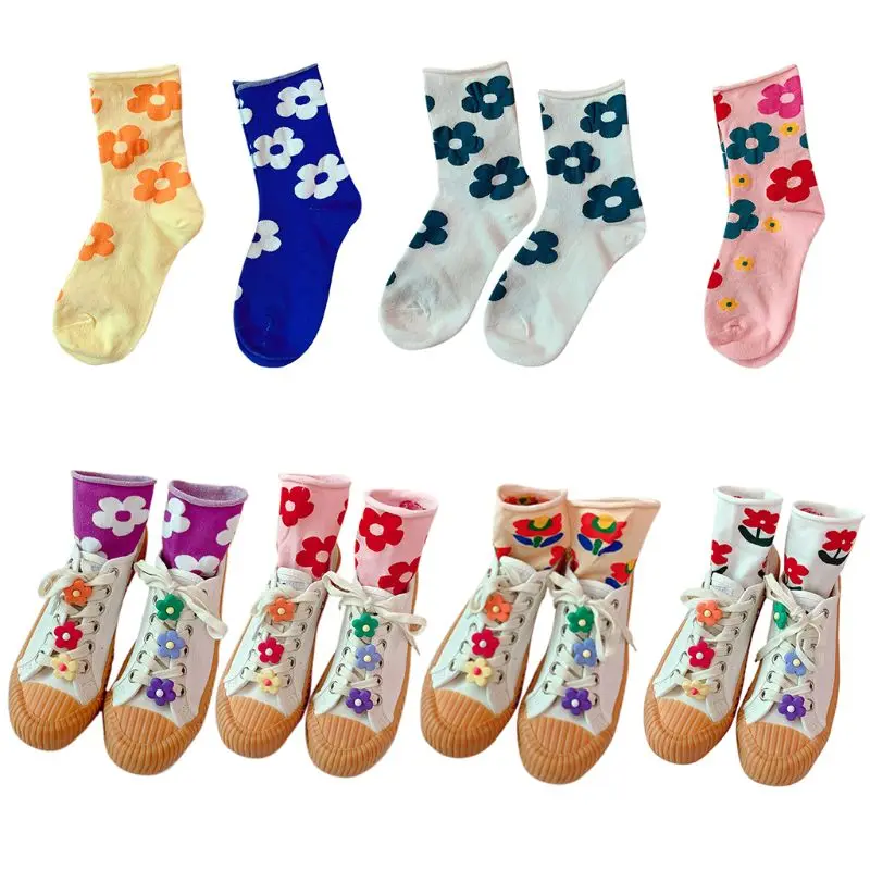 

Korean Women Girls Relaxed Roll Top Long Crew Socks Bright Candy Color Sunflower Harajuku Students Casual Cotton Tube Hosiery