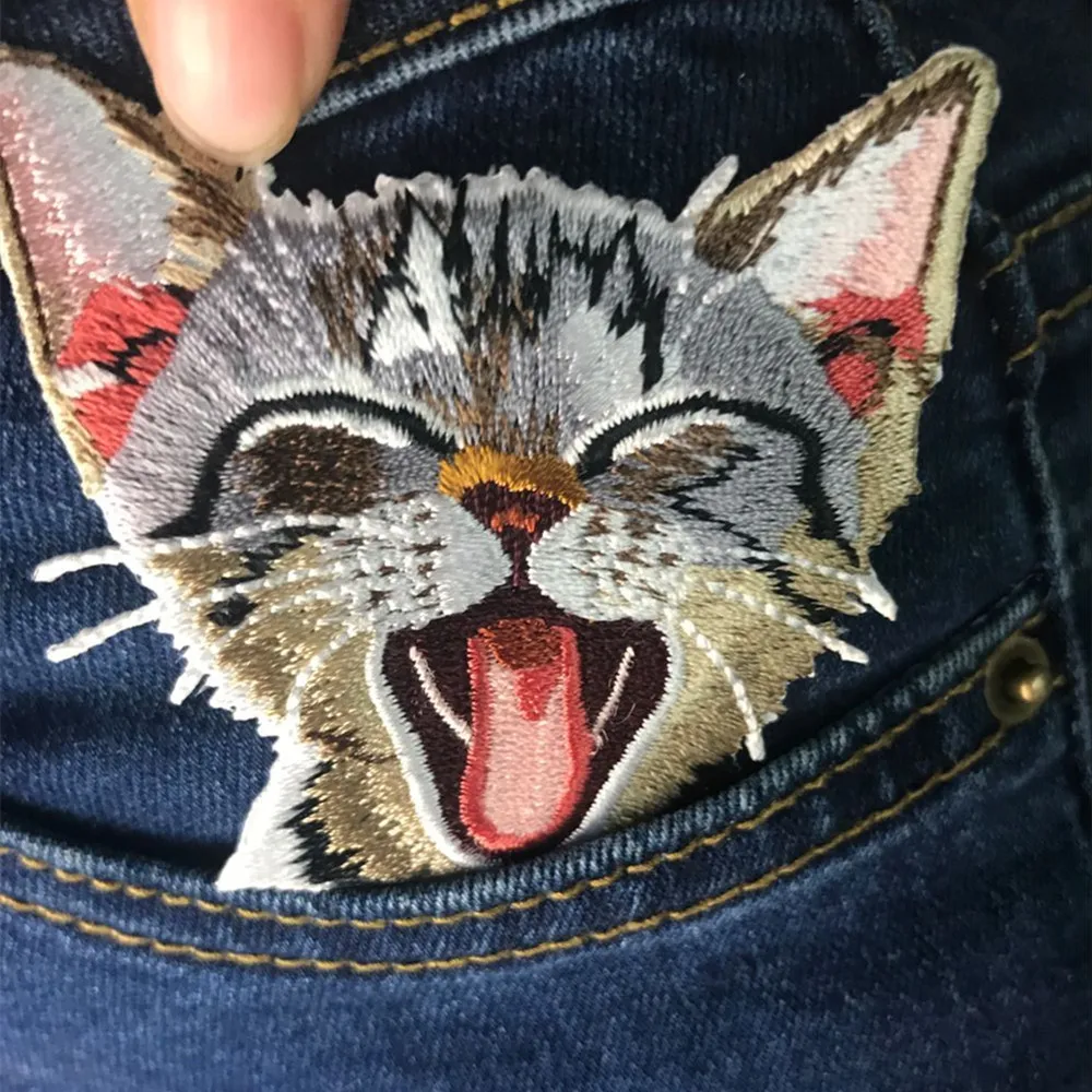 1 Piece Crazy Laugh Kitty Cat Full Embroidered Iron On Patch for Dress