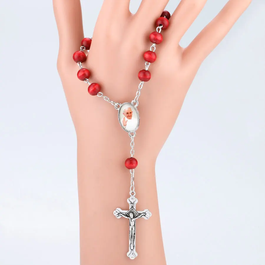 

New Arrival 8mm Annatto Beads Rosary Beads Religious Catholic Rosary Bracelet Jesus Crucifix Long Cross Bracelet