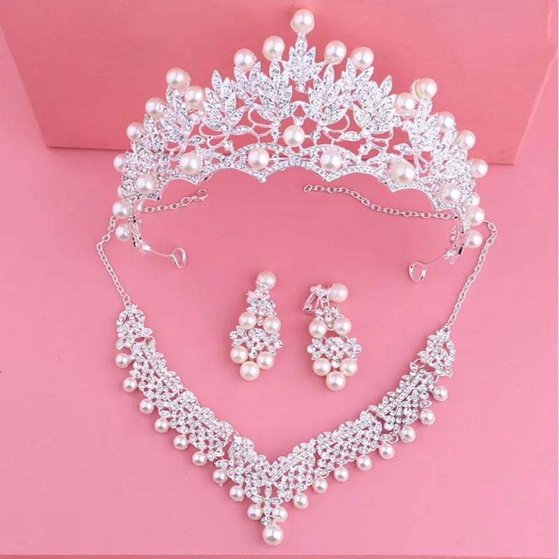 

Fashion Crystal Pearl Wedding Bridal Jewelry Sets Women Bride Tiara Crowns Earring Necklace Set Wedding Hair Jewelry Accessories