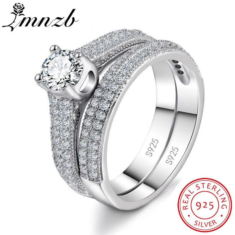 

LMNZB 2pcs/set Real Original 925 Solid Silver Rings for Women Fine Jewelry 5A Cubic Zirconia Engagement Wedding Rings Set LR0131