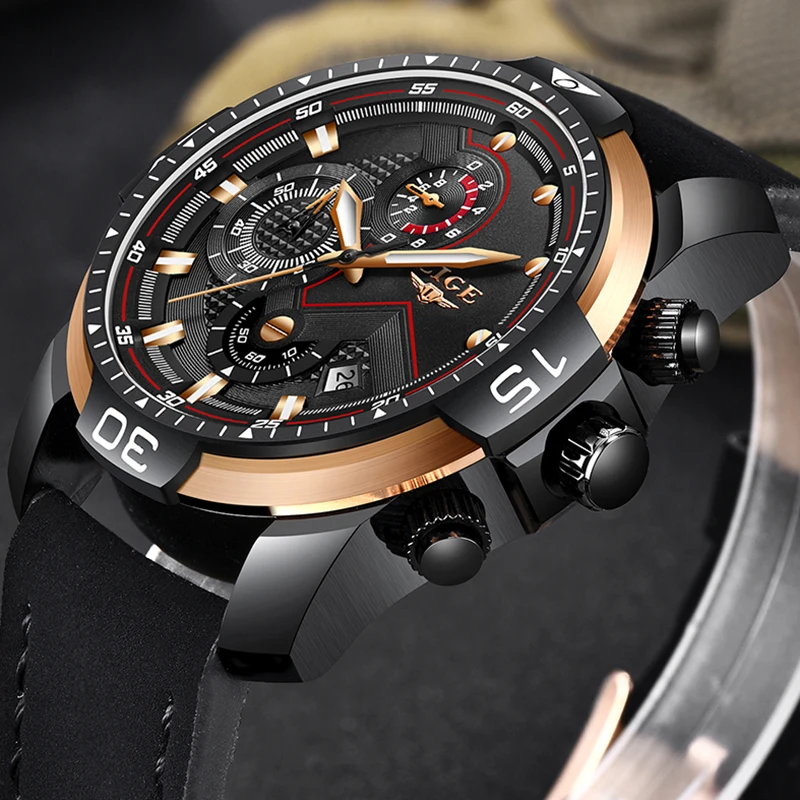 LIGE Mens Watches Top Brand Luxury Military Sport Watch Men Black Leather Analog Quartz Watch Waterproof Relogio Masculino+Box