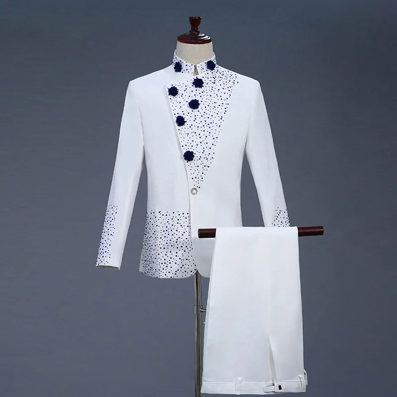 18 век белые мужские костюмы для выпускного вечера из двух частей Ретро Синий Алмаз китайская туника костюм и Блейзер Костюмы S-2XL
