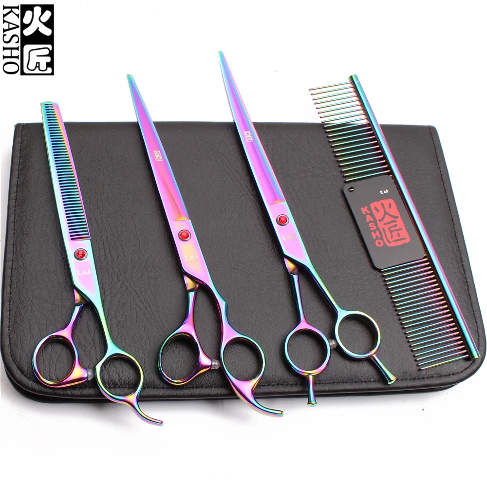 

8" Japan Stainless Kasho Colorful Grooming Scissors Kit Straight Scissors Thinning Shears Dog Curved Shears Pets Scissors H3005