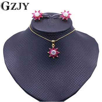 

GZJY Fashion Flower Pendant Necklace Earrings Red Stone Zircon Yellow Gold Color Jewelry Sets For Women Wedding Party Jewelry