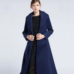 Модные элегантные Женское пальто большого размера синий зима теплый Утолщаются тонкий пояса отложной воротник для женщин Шерсть 9083