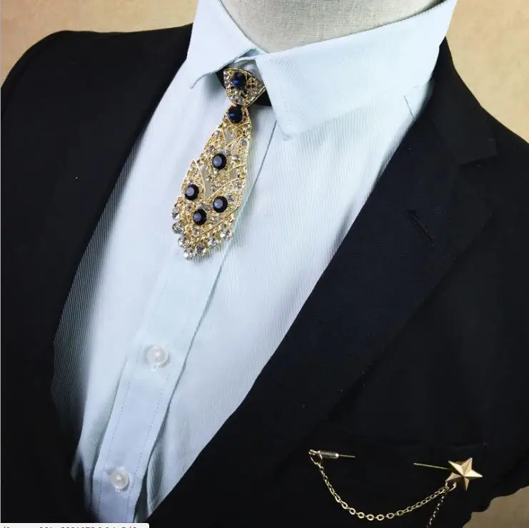2019 Роскошный Металлический бриллиантовый галстук набор для мужчин Свадебная вечеринка официальные Стразы галстук с брошью