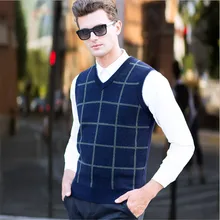 Осень зима мужской вязаный свитер из чистой шерсти мужской утолщенный Повседневный компьютерный Трикотажный жилет без рукавов в клетку с v-образным вырезом размер XXL