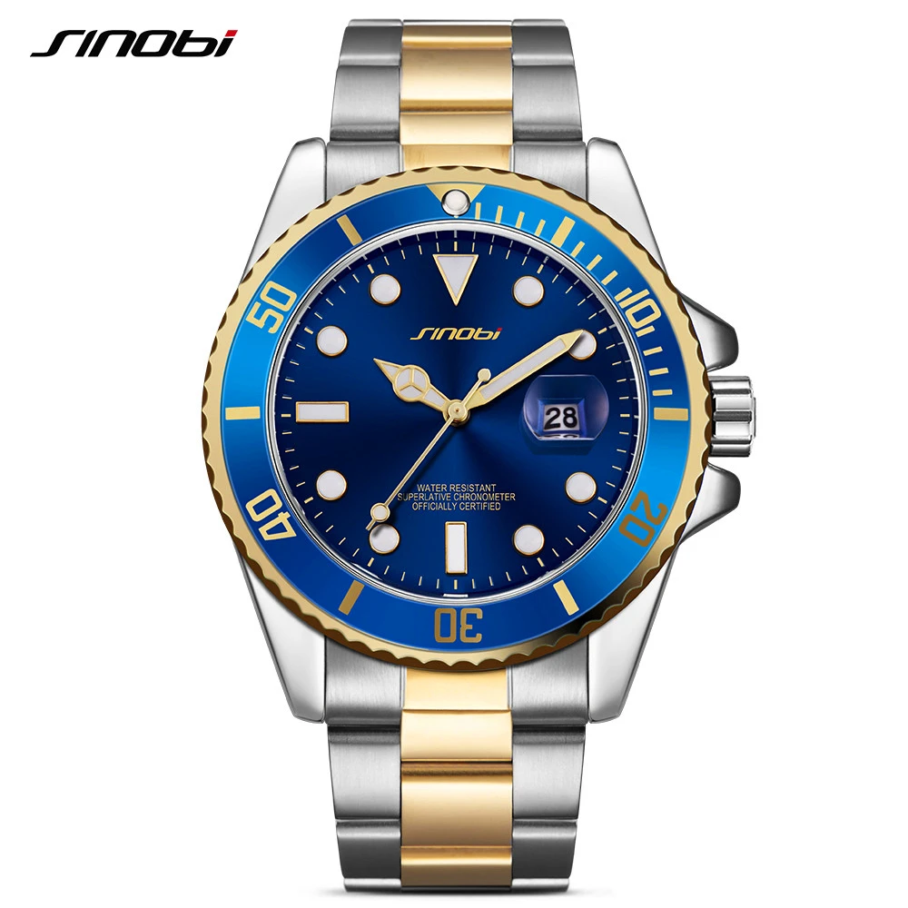 SINOBI Mens Watches Top Brand Luxury High Quality Solid steel belt Mans Sport Submariner series Watches Golden relogio masculino
