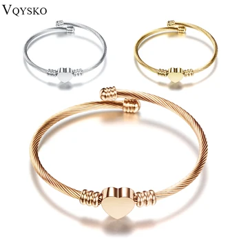 Fashion 3Colors Jewelry Women's Stainless Steel Twisted Cable Wire Heart Charm Bracelet Bangle