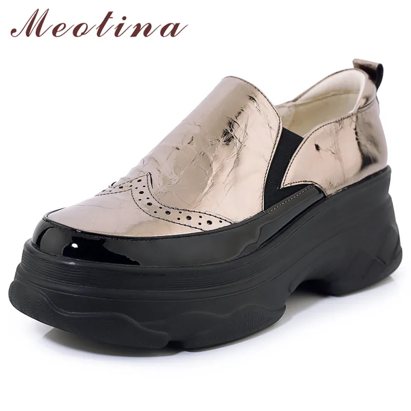 

Meotina Women Shoes Fall Flats Natural Genuine Leather Flat Platform Shoes Real Leather Square Toe Shoes Lady Sliver Size 34-39