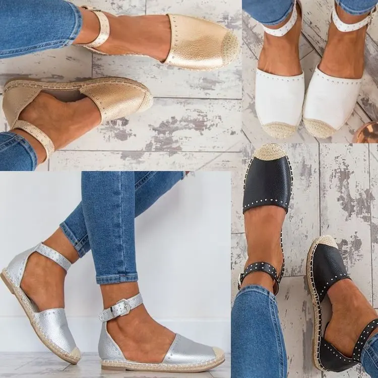

2019 spring new fashion simple solid color straw fisherman shoes women comfortable wild rivet decoration large size casual shoes