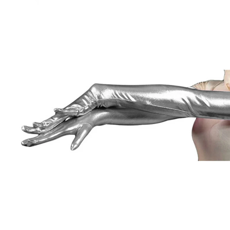 22 дюйма/56 см унисекс блестящий металлический спандекс перчатки пальцы женские блестящие жидкие Экстра металлические длинные перчатки колготки Косплей рукавицы