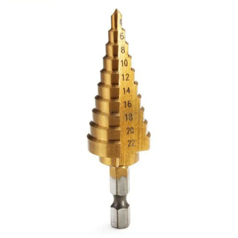 

4mm-22mm HSS Hex Titanium Cone Step Drill Bit Hole Cutter Sheet Metal Gold Kit
