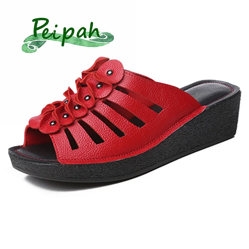 

PEIPAH 2019 Summer New National Wind Genuine Leather Ladies Slippers Bead Wedges Fish Mouth Hollow Leather Zapatillas Mujer