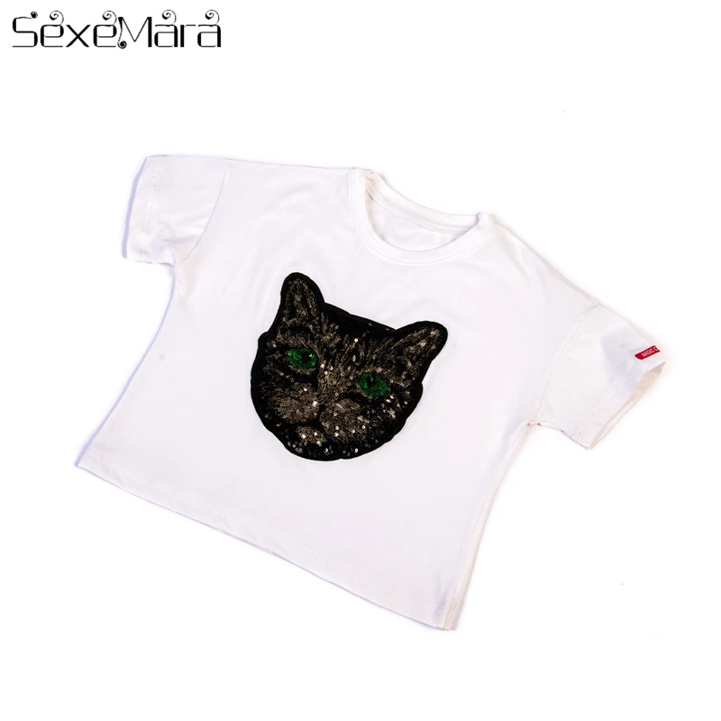 

Kids Clothes Baby Girls Children's Summer Tops 2018Girl Casual Fashion Sequin Cartoon Cat Short Sleeve T-Shirt Bobo Groot Choses