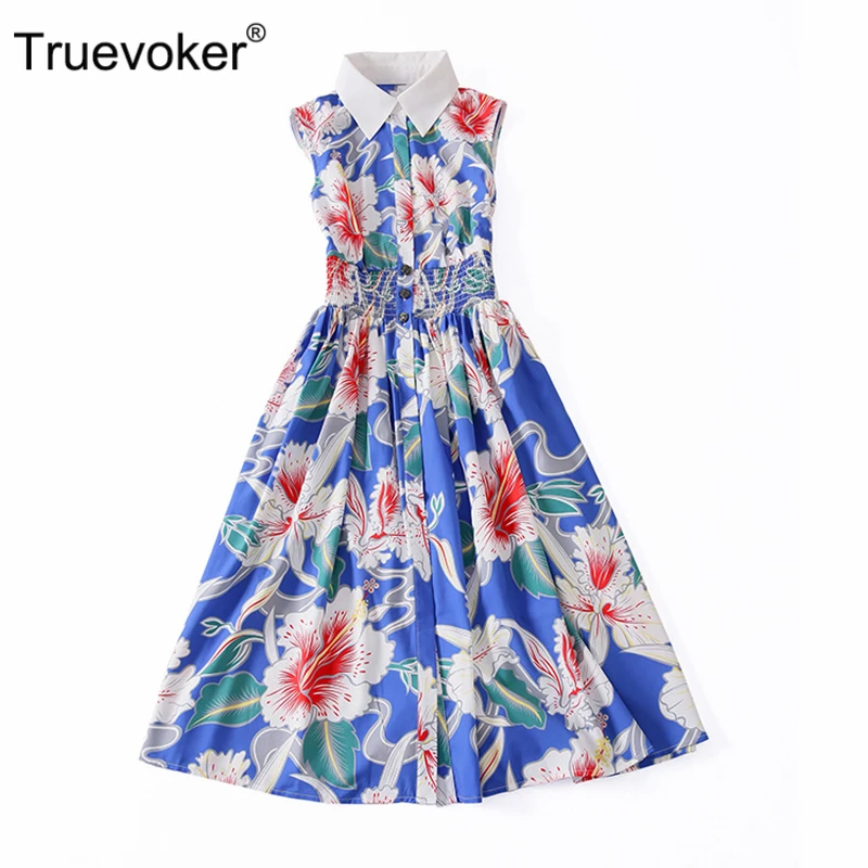 

Truevoker Summer Designer Dresses Women's High Quality Sleeveless Turn Down Collar Fancy Flower Printed Casual Vestidoes