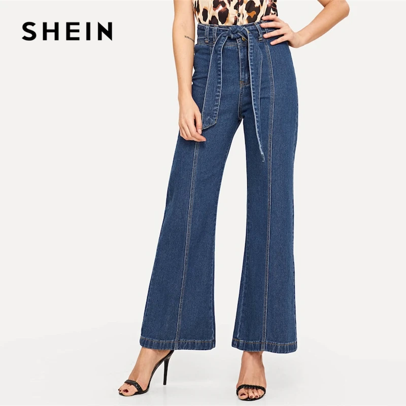 SHEIN Waist Belted Wide Leg Flare Denim Jeans Women Elegant OL Work 2019 Spring Loose Solid High 