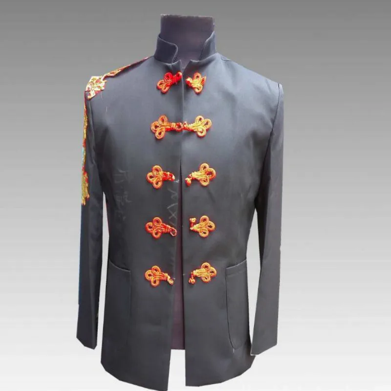 

Hot Men's shirt embroidered dragon tunic national costume 2019 new stand collar suit male singer costume