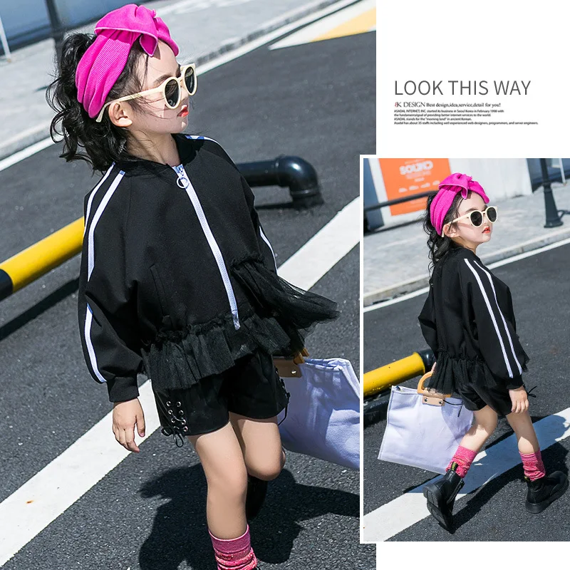 

Girls coat spring and autumn 2018 new mesh stitching zipper shirt long-sleeved girl mesh stitching casual jacket