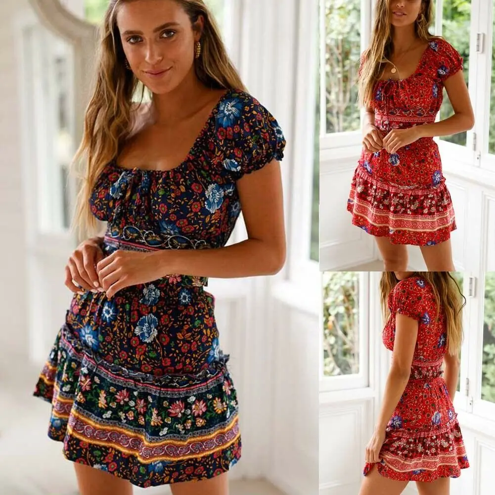 

2PCS Women Mini Summer Short Sleeve Wrap Boho Floral Ethnic Print Casual Tops+Skirt Beach Holiday Sundress