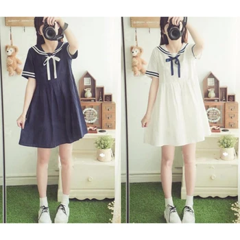 Summer Girl Cartoon Blue White Sailor Collar Dresses School Uniform Girls Preppy Cute Tie Short Sleeve Casual Dress short sleeve self tie dolman dress