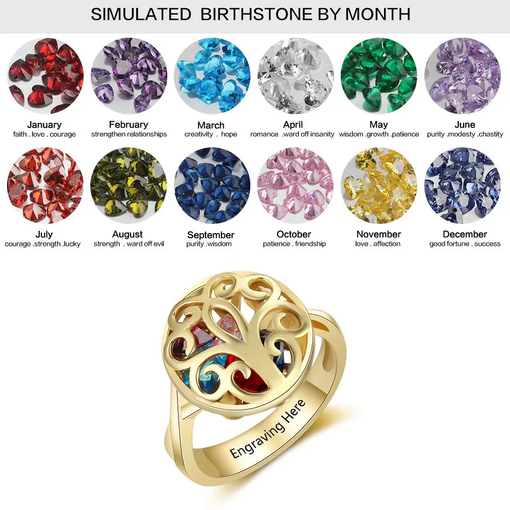 Customized Gold Color Rings Hollow With Birthstone Engrave Name Gifts Trendy Rings For Women New Arrival 2018(JewelOra RI103609)