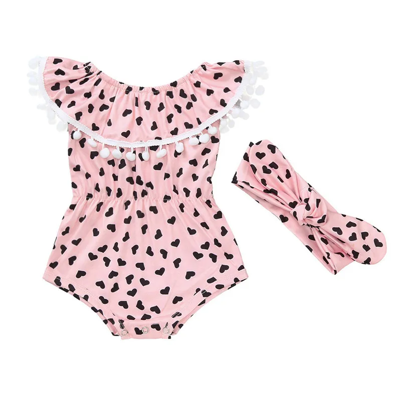 Girls suit summer 2019 new   2Pcs Baby Girls Infant Heart Tassel Jumpsuit Romper+Headband Set Clothes  (6)