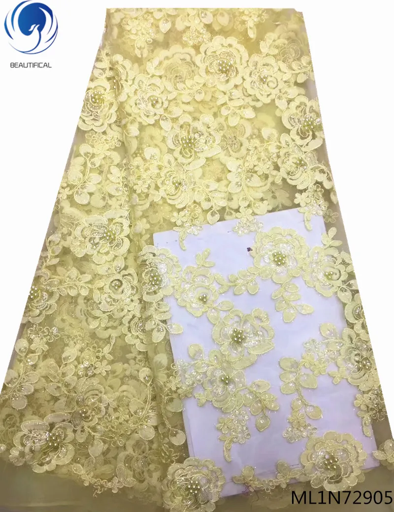 

Beautifical net laces fabrics with beads and stones 2019 yellow african lace dress french laces for wedding 5yards ML1N729