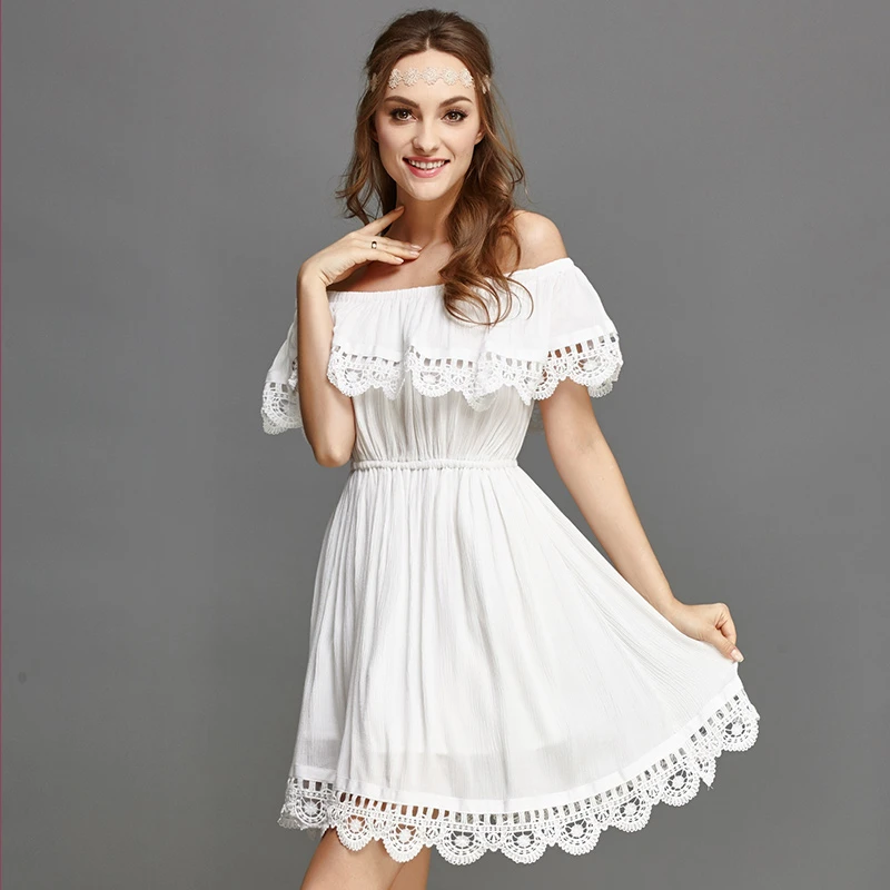 

CUHAKCI Summer Off the Shoulder Lace Dress Floral White Dress Sexy Slash Neck Casual Mini Dresses Short Beach Vestidos 2018 New