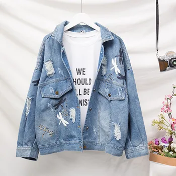 

Hole Denim Jacket Women Plus Size 5XL long basical jeans jacket coat Bleach Full Sleeves Single Breast Loose Women Denim Jacket