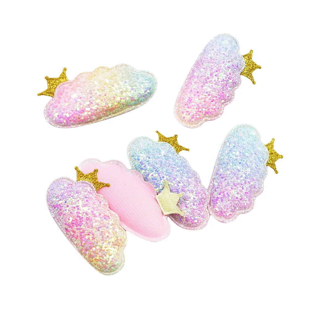 6pcs Rainbow Kawaii Padded Glitter Cloud Crown Patches Applique For Clothes Sewing DIY Baby Girl Hair Accessories Craft Decor