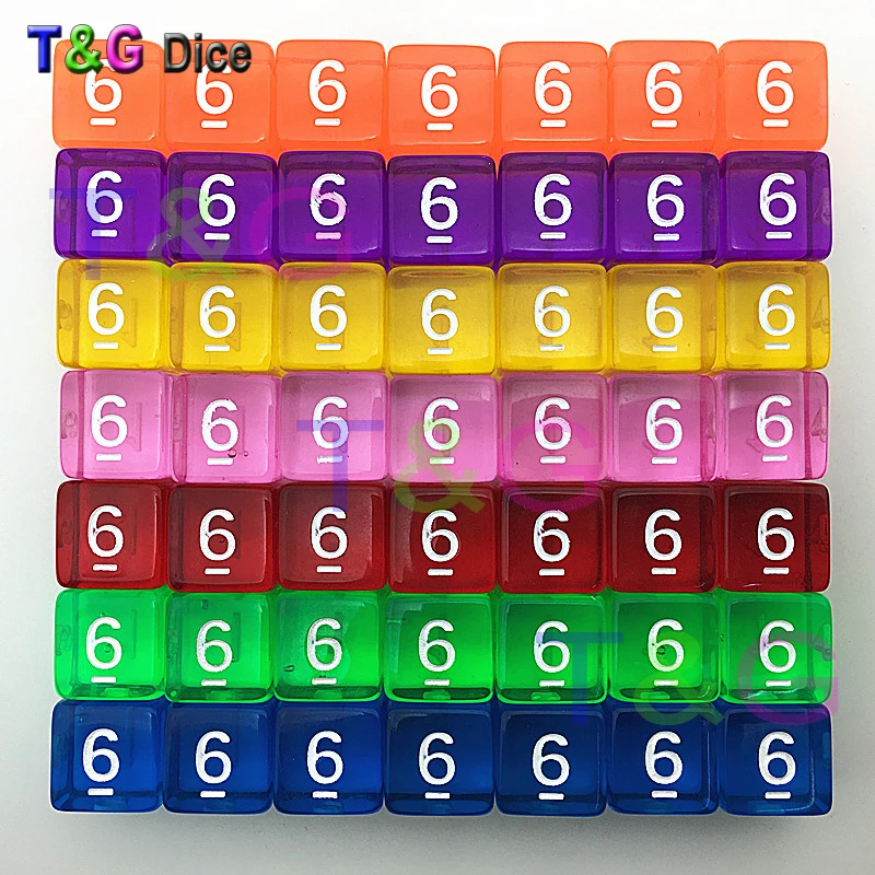 Hop Sales 10pcs/lot 16mm 6 colors transparent colored digital d6 dice,number 1-6 mtg poker,board game dice