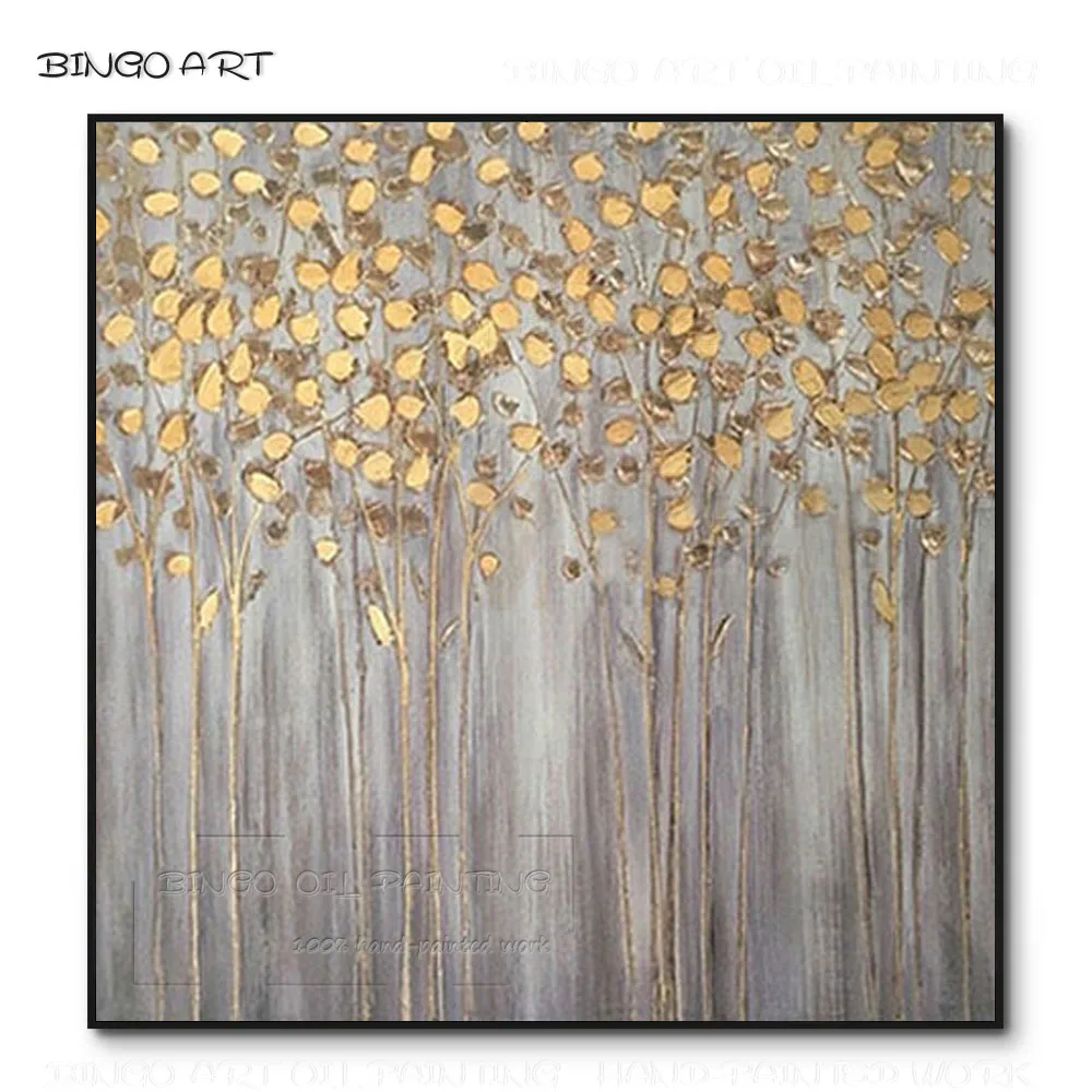 

Hand-painted High Quality Abstract Grey Background Golden Tree Gold Leaves Acrylic Painting Hand-painted Tree Acrylic Painting