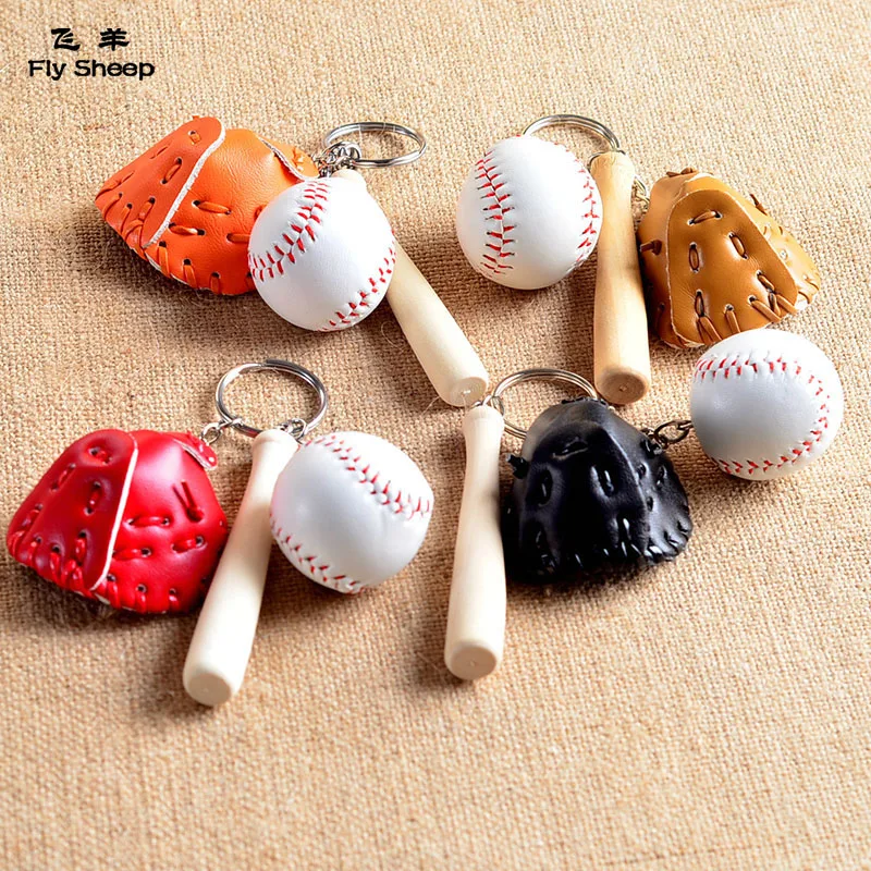 Cute Mini Baseball Keychain Leather Softball Key rings Wooden Bat